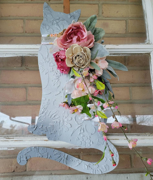Large Wooden Pink & White Flowers Cat Wreath