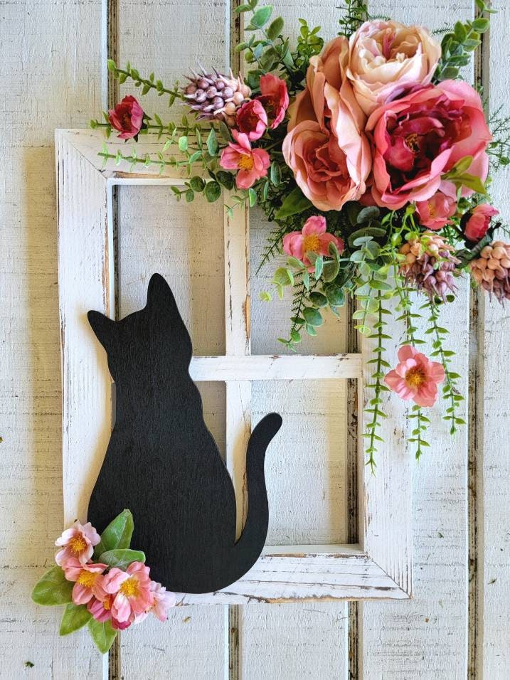 Pink Flowers Sitting Cat Window Pane Wall Art