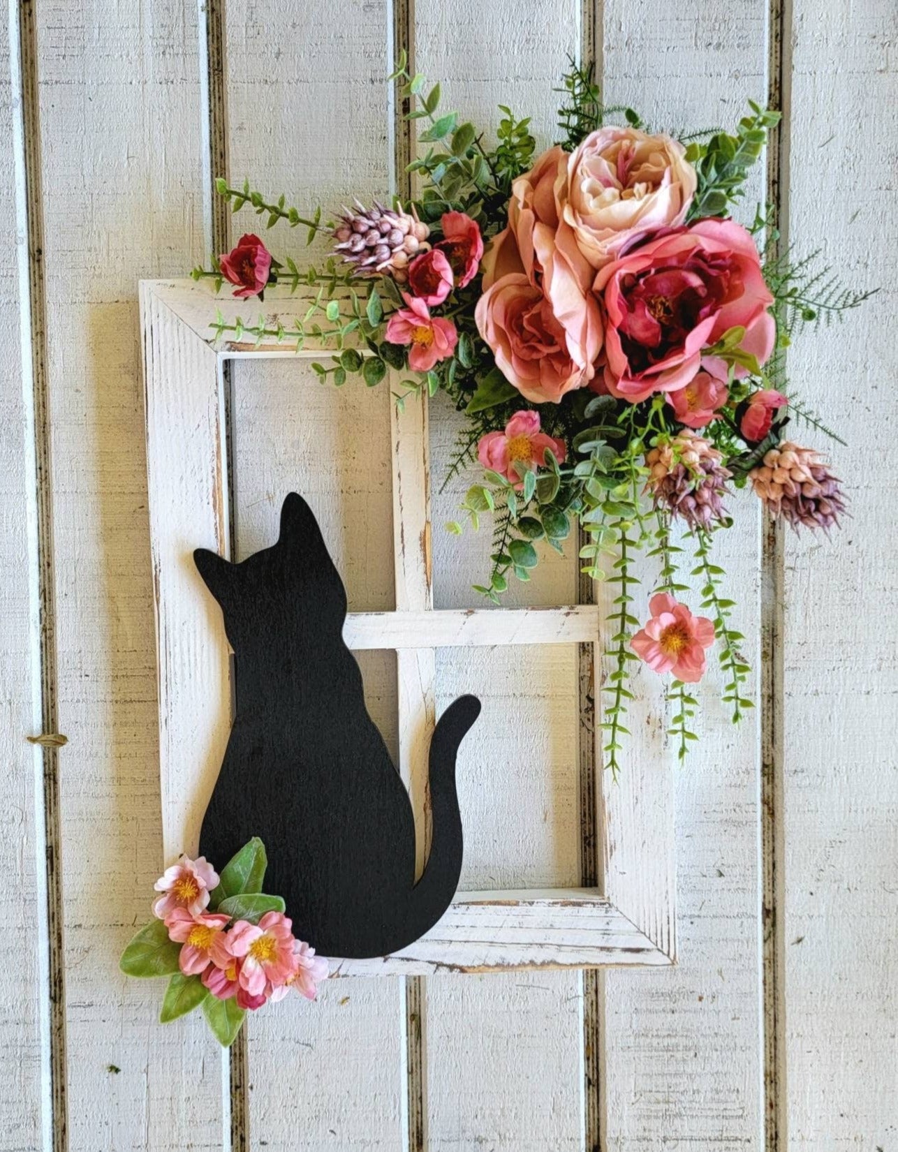 Pink Flowers Sitting Cat Window Pane Wall Art