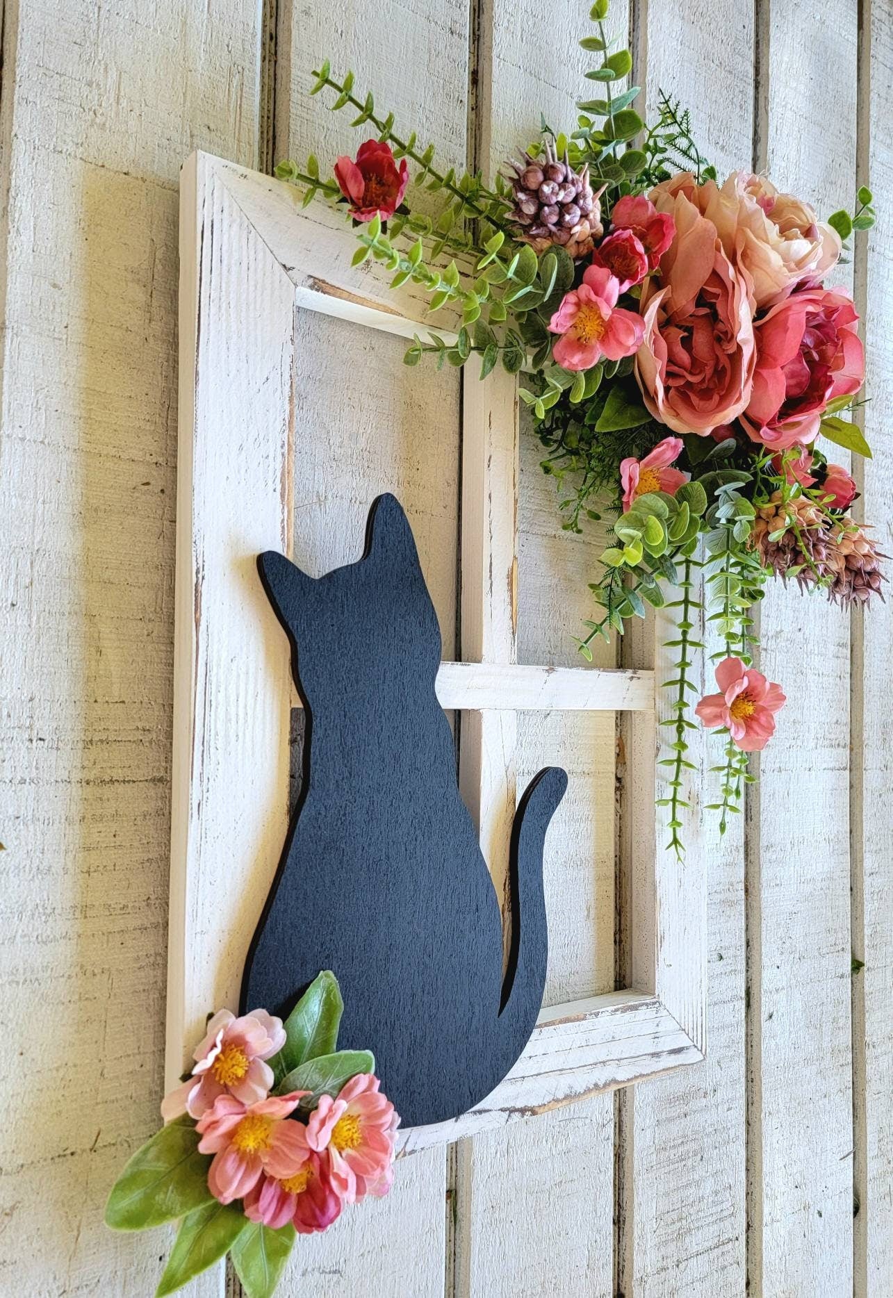 Pink Flowers Sitting Cat Window Pane Wall Art
