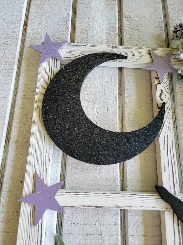 Cat Moon Window Pane Wall Art • Witchy Front Door Hanger • Rustic Farmhouse Home Decor • Kitty Lovers Gift • Cottagecore Frame Artwork