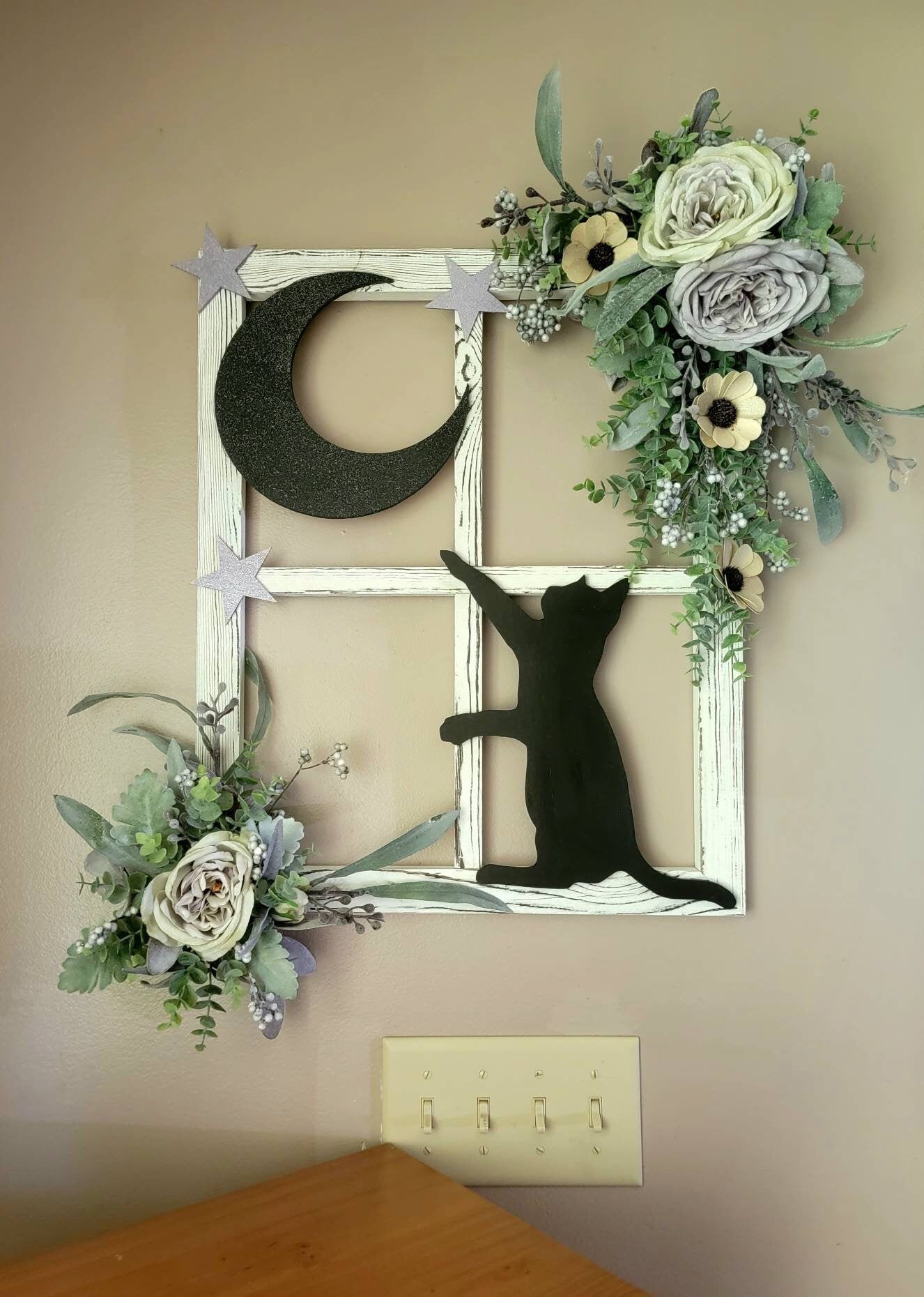 Cat Moon Window Pane Wall Art • Witchy Front Door Hanger • Rustic Farmhouse Home Decor • Kitty Lovers Gift • Cottagecore Frame Artwork