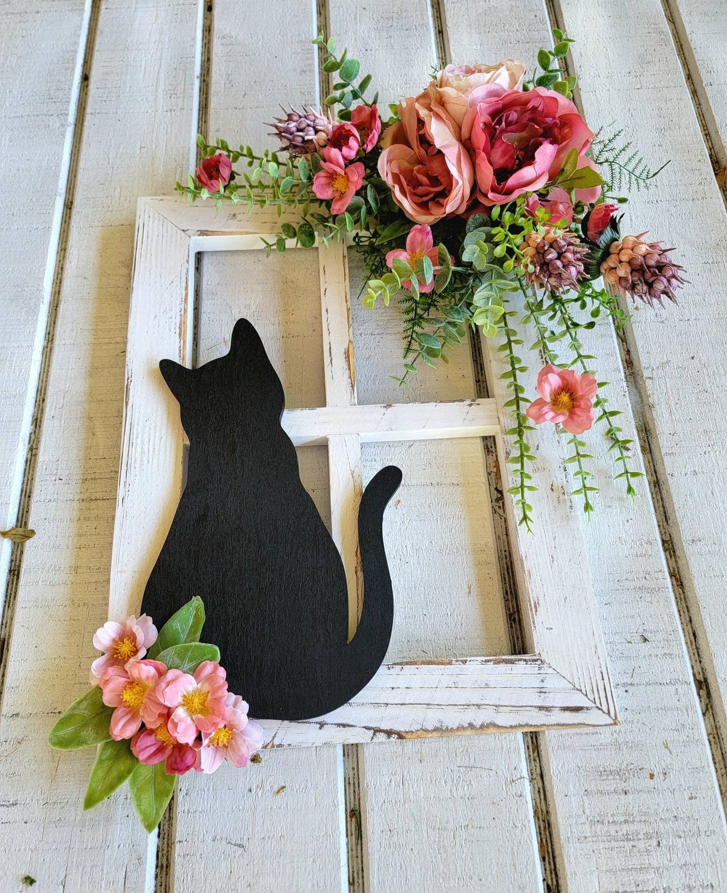 Pink Flowers Sitting Cat Window Pane Wall Art