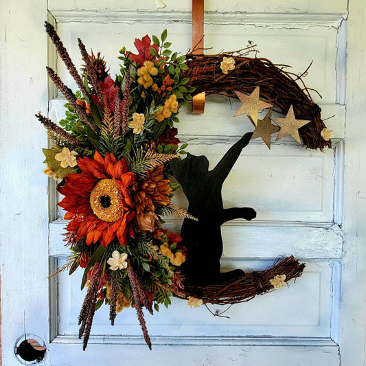 Fall Sunflower Cat Moon Wreath