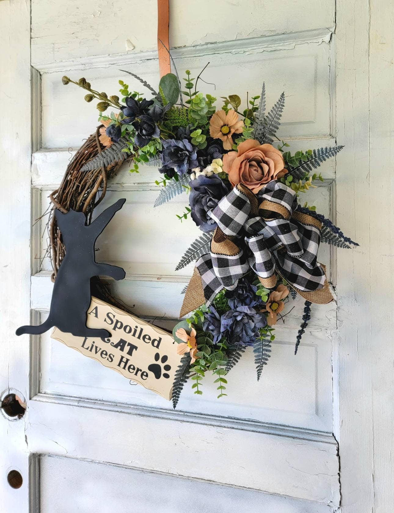 Rustic Plaid Buffalo Check Grapevine Cat Wreath