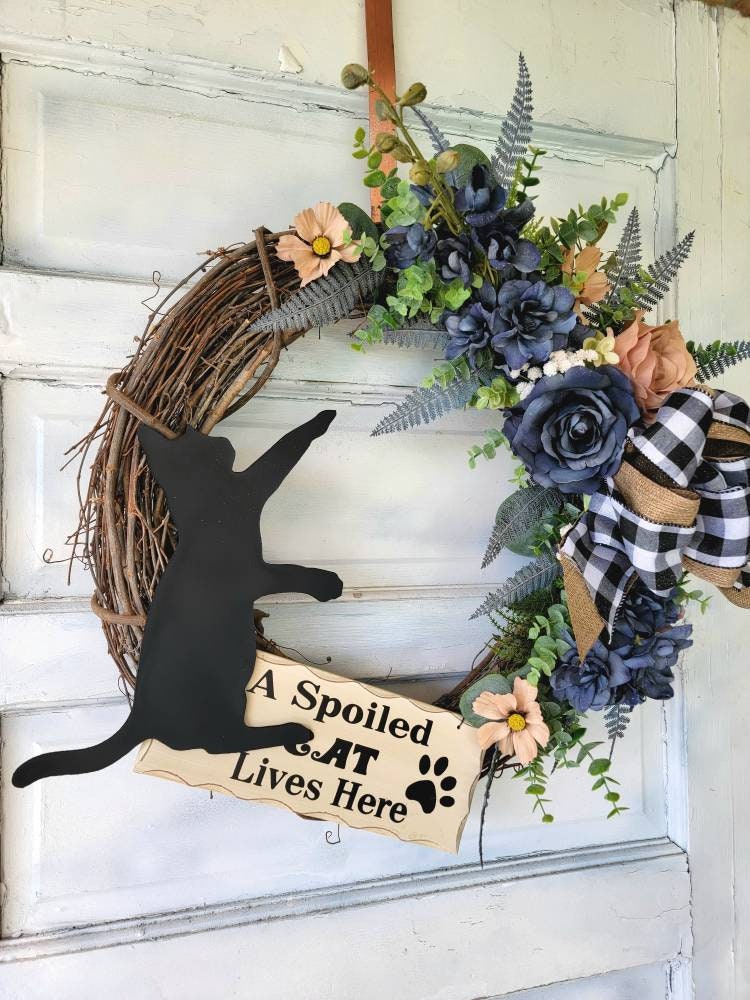 Rustic Plaid Buffalo Check Grapevine Cat Wreath