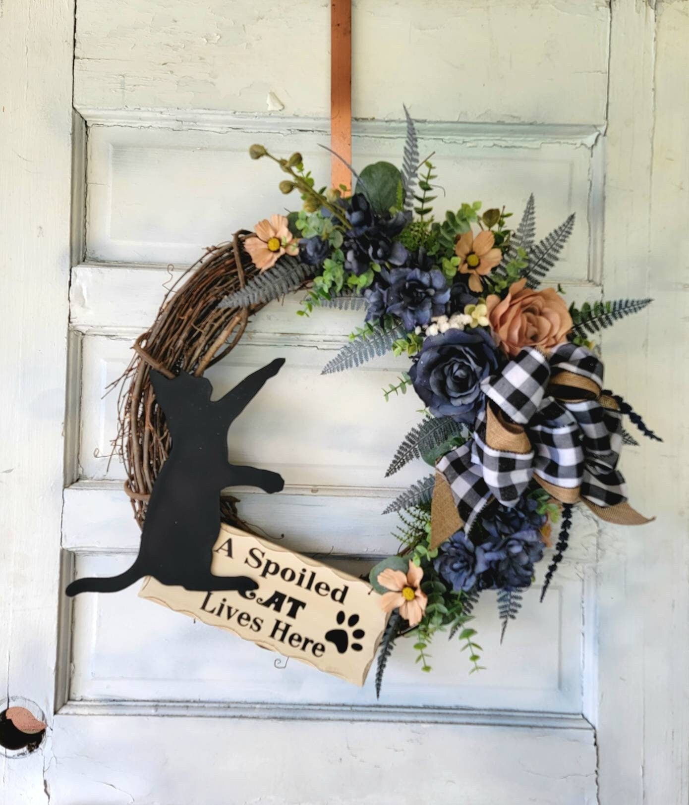 Rustic Plaid Buffalo Check Grapevine Cat Wreath