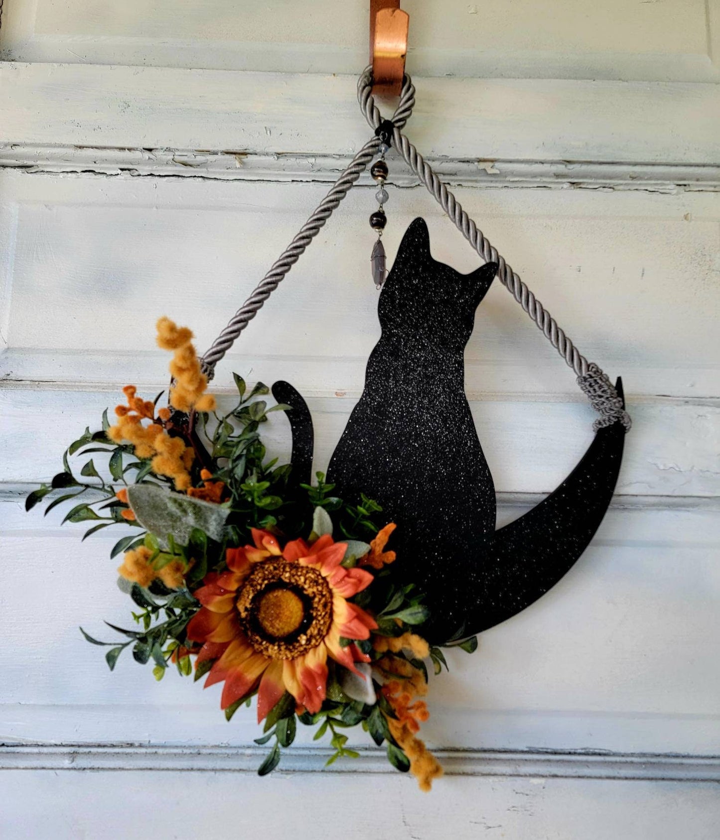 Light Orange Fall Cat Crystal Waning Crescent Moon Wreath