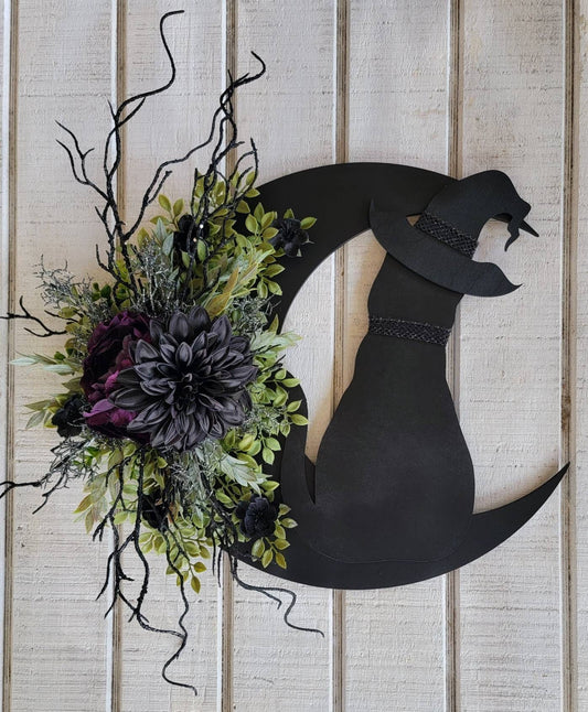 Purple Flower Black Cat Witch Hat Crescent Moon Wreath