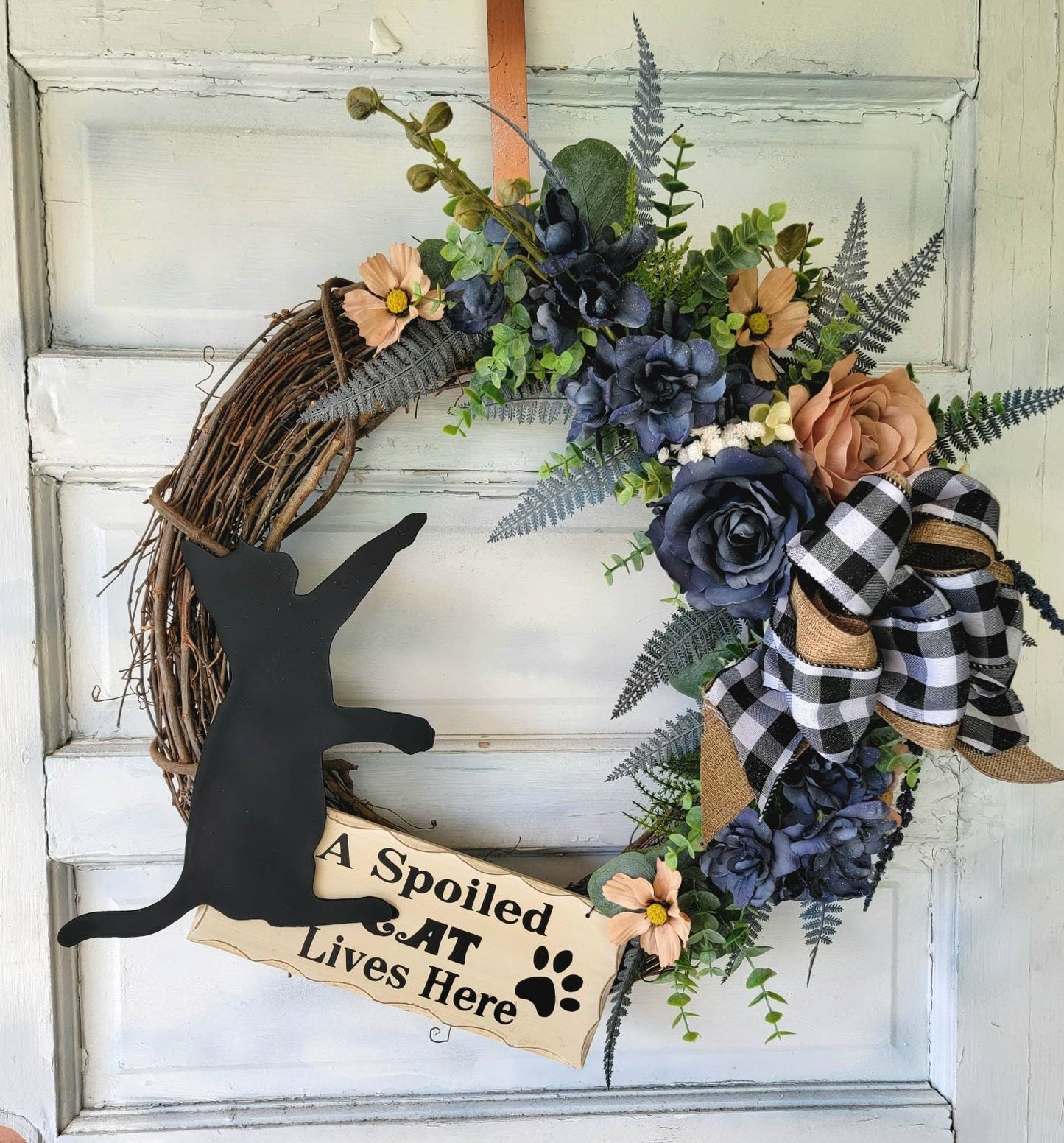 Rustic Plaid Buffalo Check Grapevine Cat Wreath