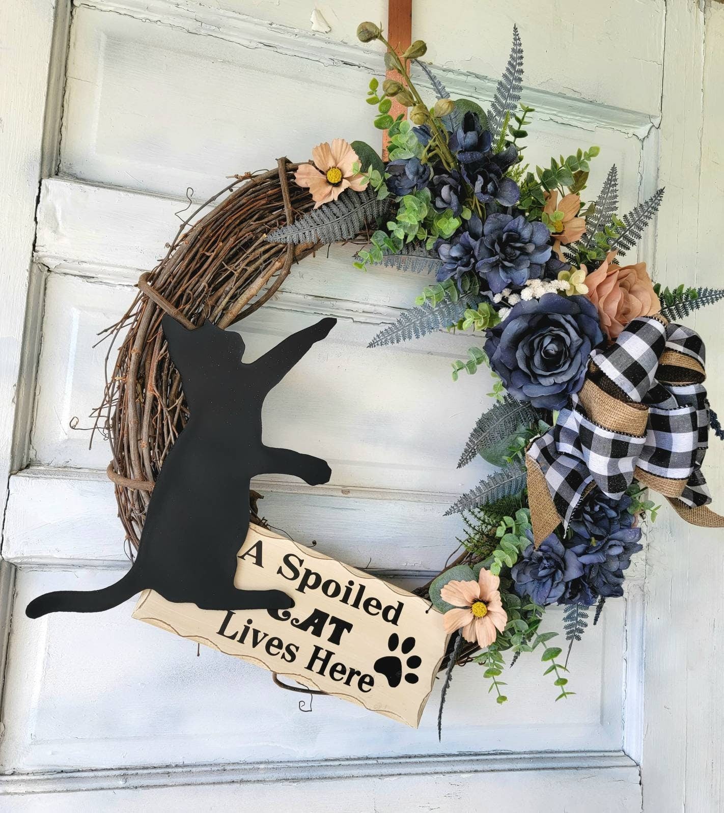 Rustic Plaid Buffalo Check Grapevine Cat Wreath