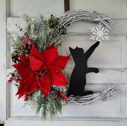 Winter Crescent Moon Black Cat Wreath w/ Poinsettia • Witchy Seasonal Door Hanger • Snowflake Half Moon Winter Wreath • Cat Lovers Gift