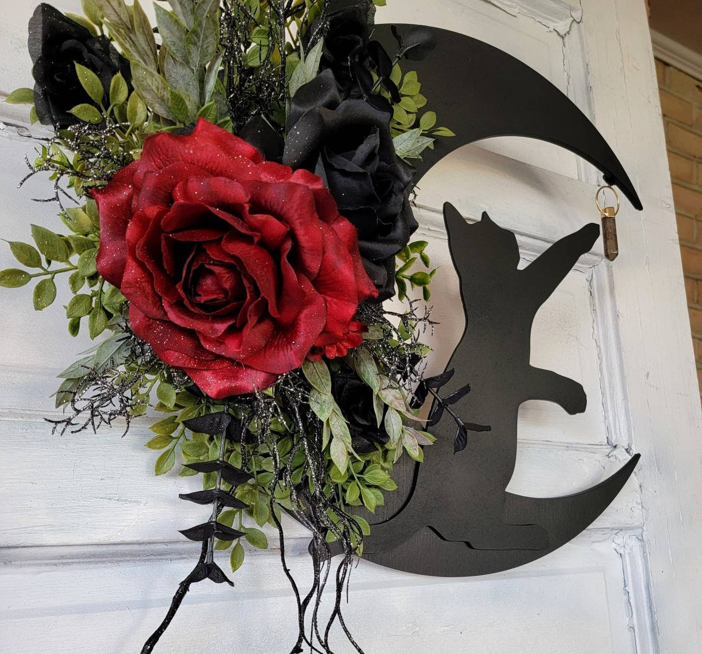 Maroon & Black Flowers Victorian Crescent Moon Cat Wreath