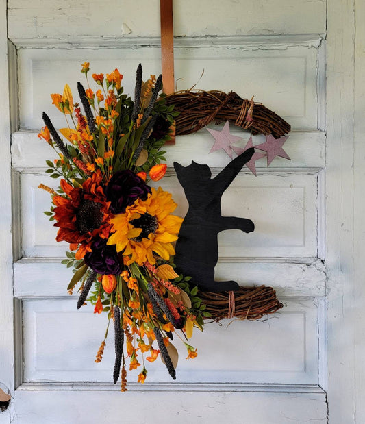 Fall Sunflower Cat Crescent Moon Wreath