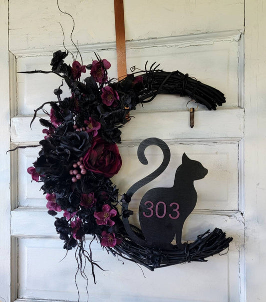 Purple & Black Cat Moon Wreath w/ House Numbers