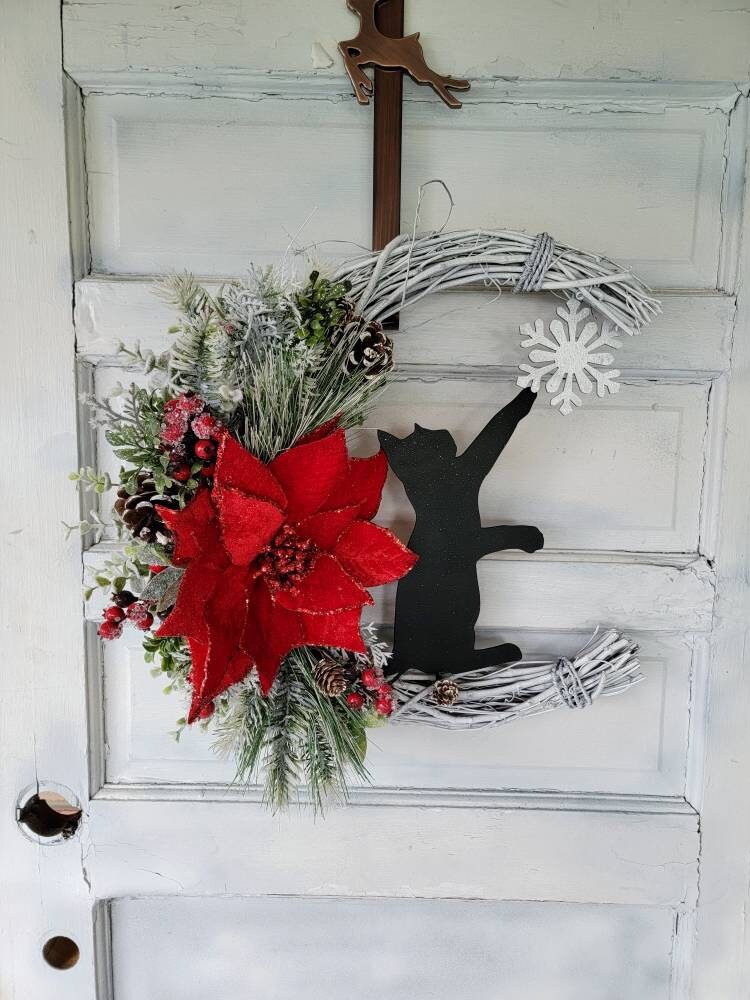 Winter Crescent Moon Black Cat Wreath w/ Poinsettia • Witchy Seasonal Door Hanger • Snowflake Half Moon Winter Wreath • Cat Lovers Gift