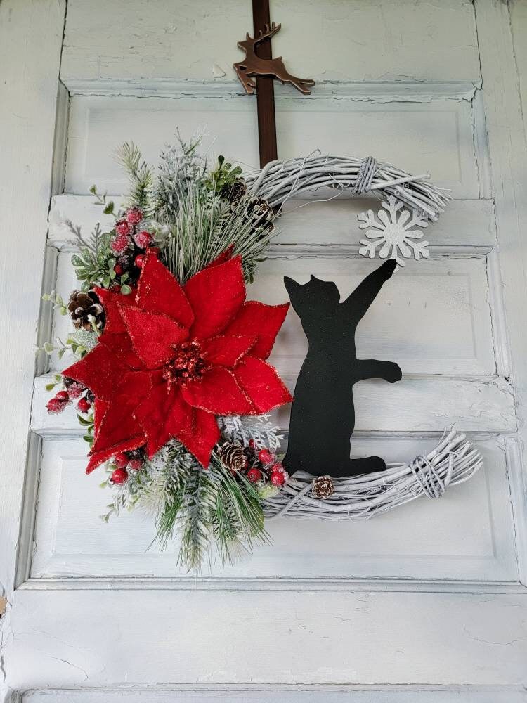 Winter Crescent Moon Black Cat Wreath w/ Poinsettia • Witchy Seasonal Door Hanger • Snowflake Half Moon Winter Wreath • Cat Lovers Gift