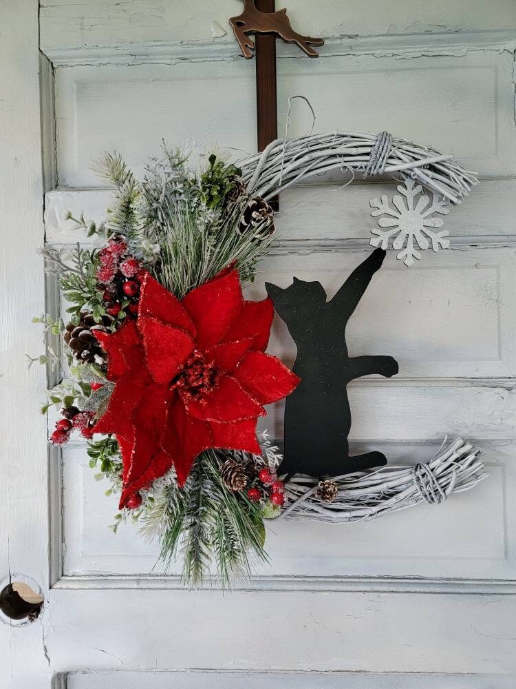 Winter Crescent Moon Black Cat Wreath w/ Poinsettia • Witchy Seasonal Door Hanger • Snowflake Half Moon Winter Wreath • Cat Lovers Gift