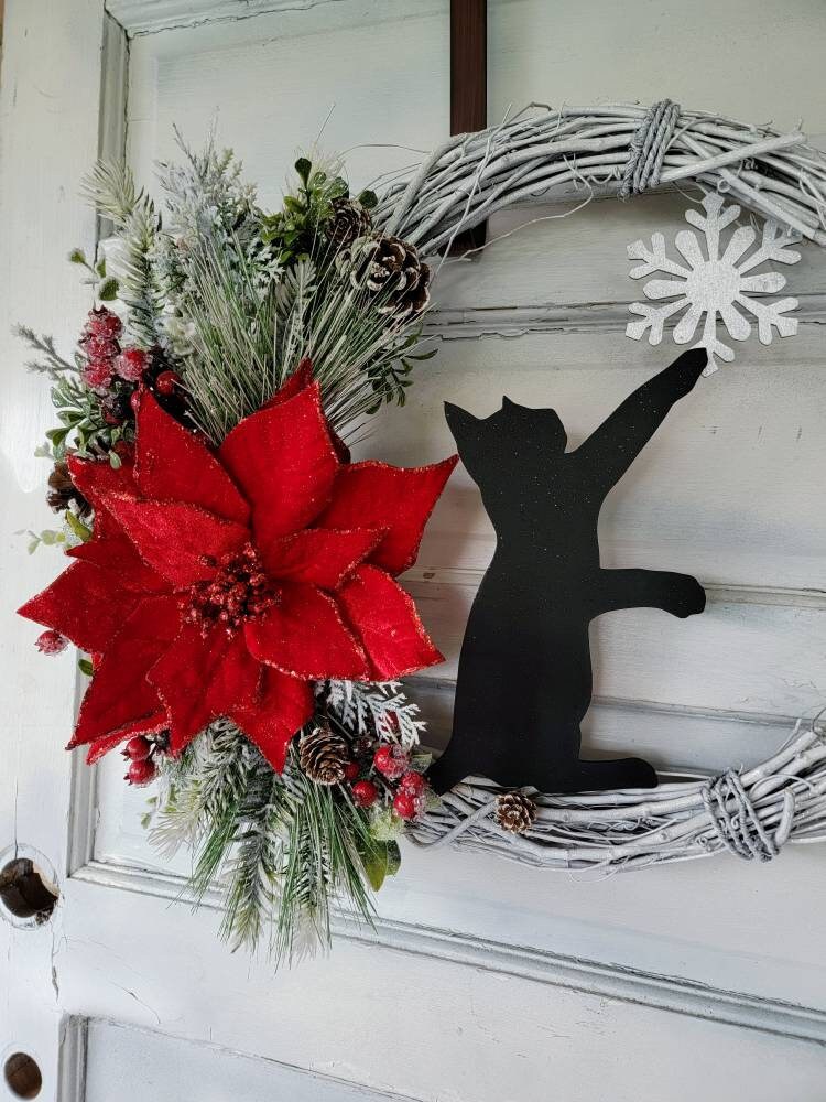 Winter Crescent Moon Black Cat Wreath w/ Poinsettia • Witchy Seasonal Door Hanger • Snowflake Half Moon Winter Wreath • Cat Lovers Gift