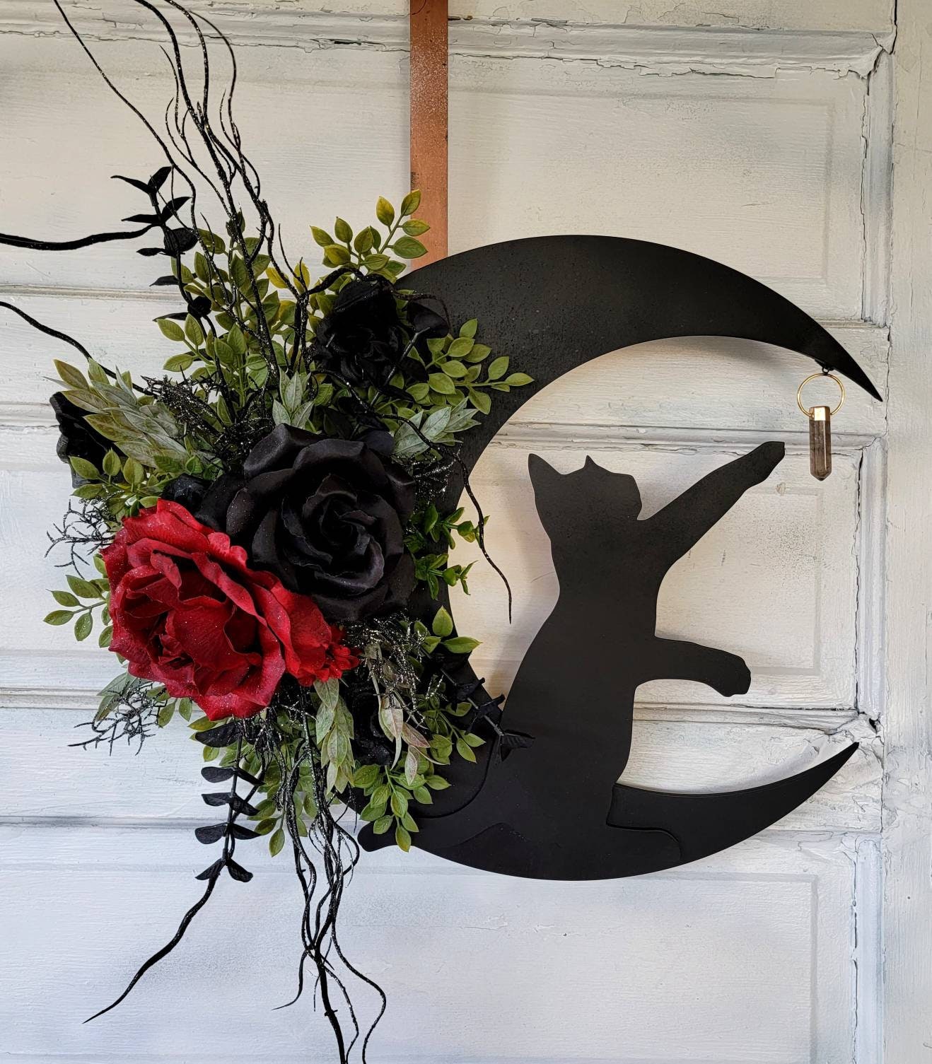 Maroon & Black Flowers Victorian Crescent Moon Cat Wreath