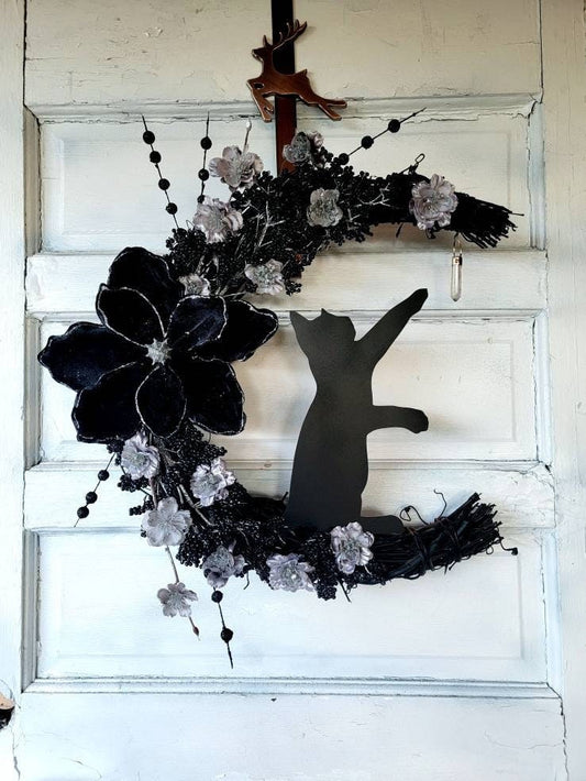 Witchy Black Cat Winter Crystal Crescent Moon Wreath