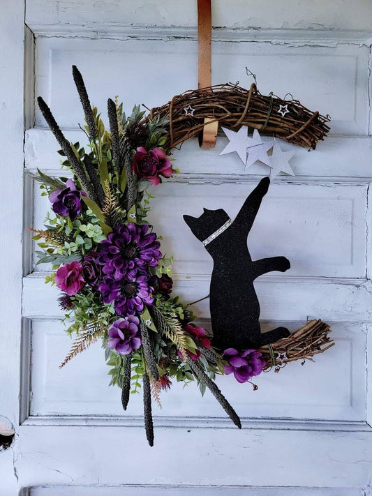 Purple Flowers Crescent Moon Black Cat Wreath