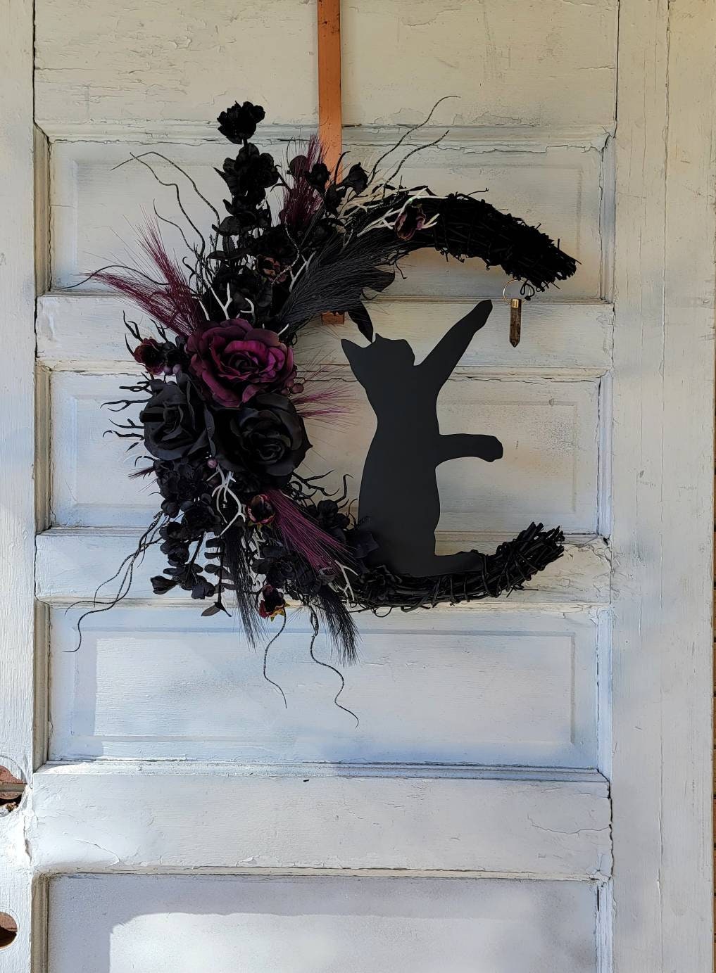 Cat Moon Wreath Witchy Christmas Crescent Moon w/ Crystal 18'' Grapevine shops • Purple Gothic Celestial Door Hanger • Holiday Kitty Lunar Decor