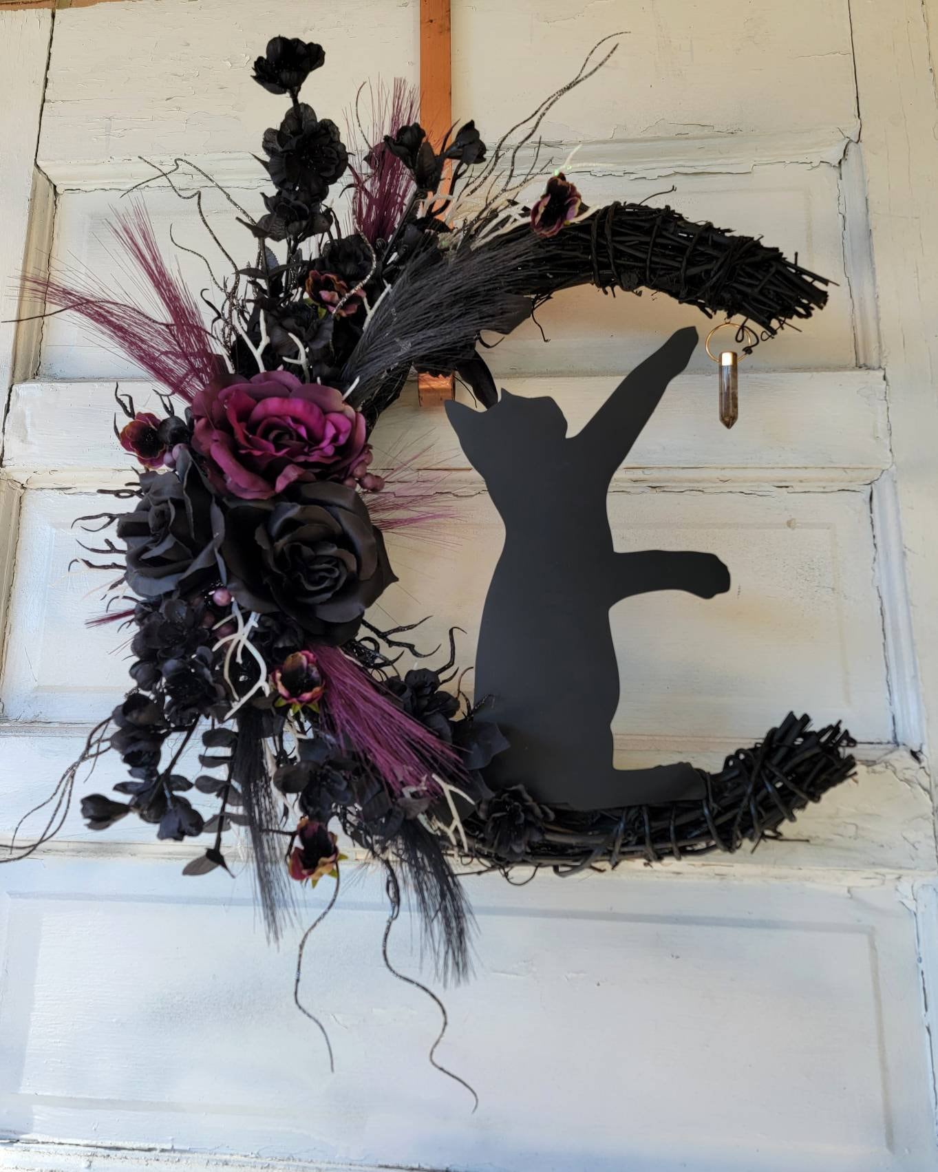 Cat Moon Wreath Witchy hot Christmas Crescent Moon w/ Crystal 18'' Grapevine • Purple Gothic Celestial Door Hanger • Holiday Kitty Lunar Decor