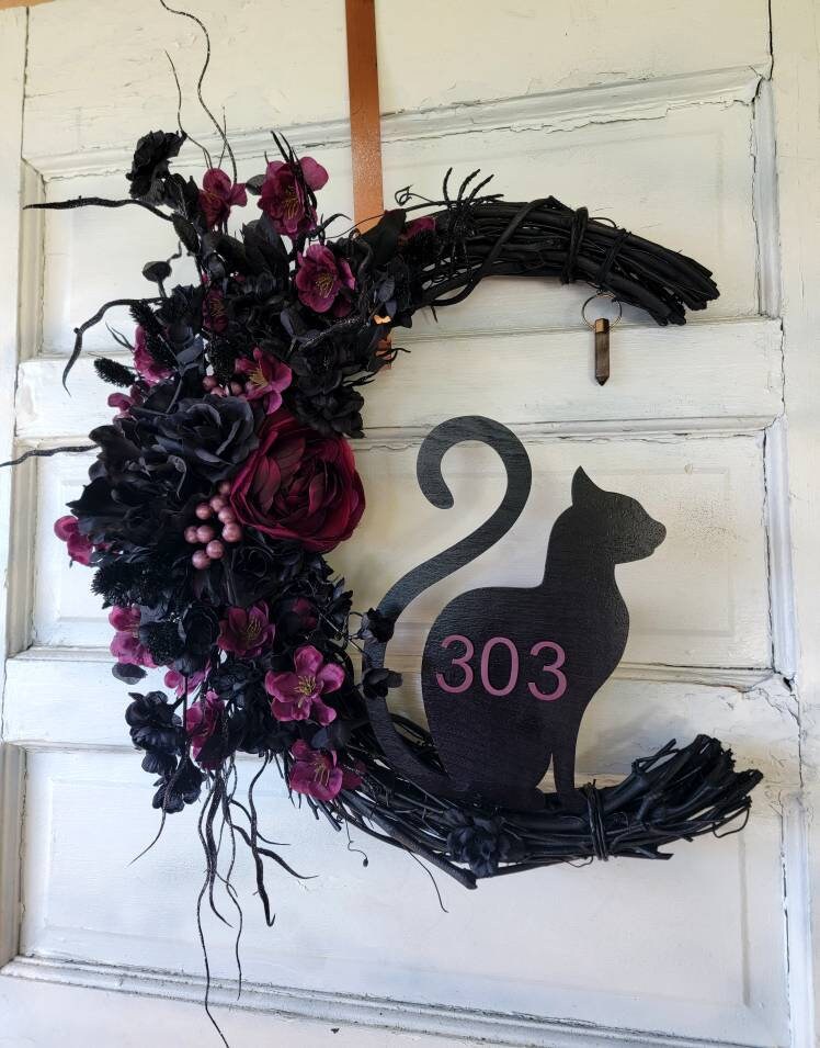 Purple & Black Cat Moon Wreath w/ House Numbers