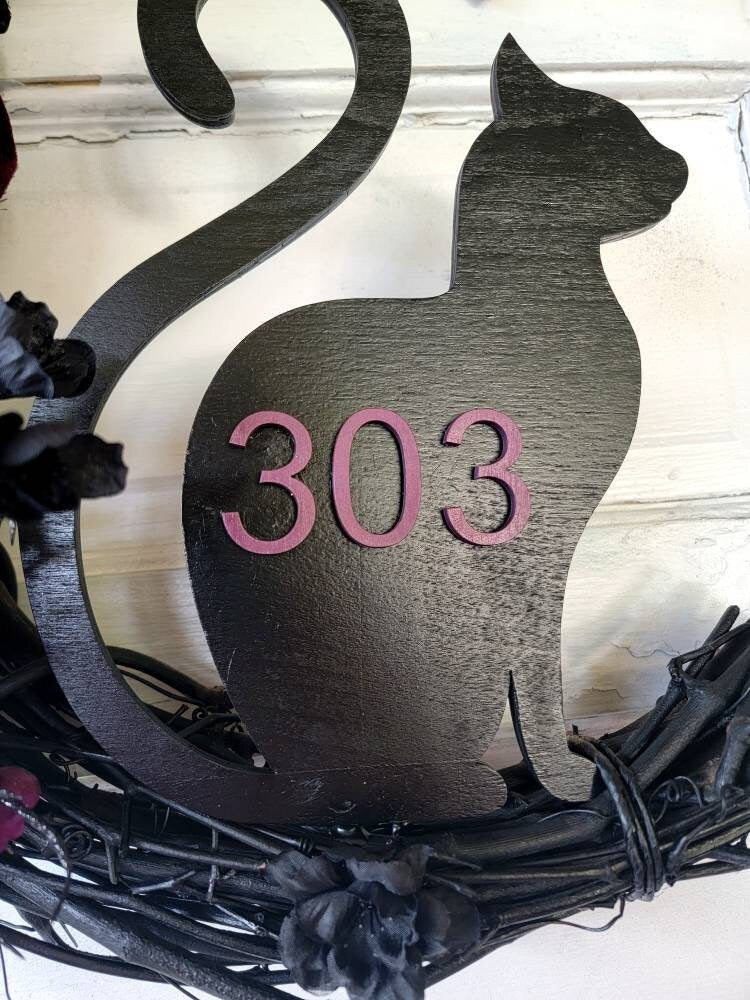 Purple & Black Cat Moon Wreath w/ House Numbers