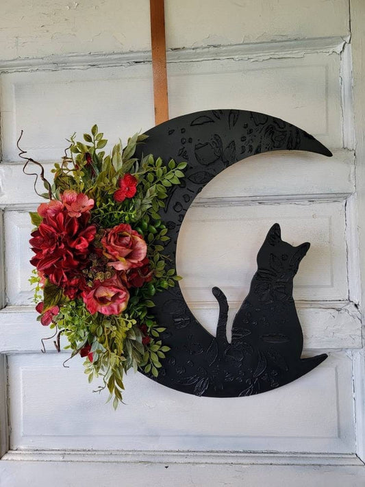 Burgundy Flowers Fall Cat Wreath