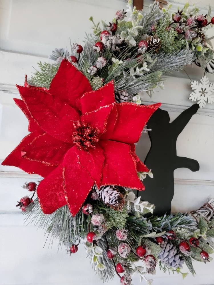 Winter Poinsettia Crescent Moon Black Cat Wreath