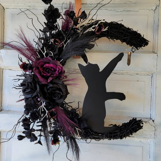 Cat Moon Wreath Witchy Halloween Crescent w/ Crystal 18'' Grapevine • Gothic Celestial Door Hanger • Spooky Lunar Decor • Kitty Lovers Gift