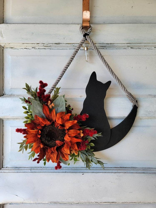 Burnt Orange Sunflower Fall Cat Crystal Waning Crescent Moon