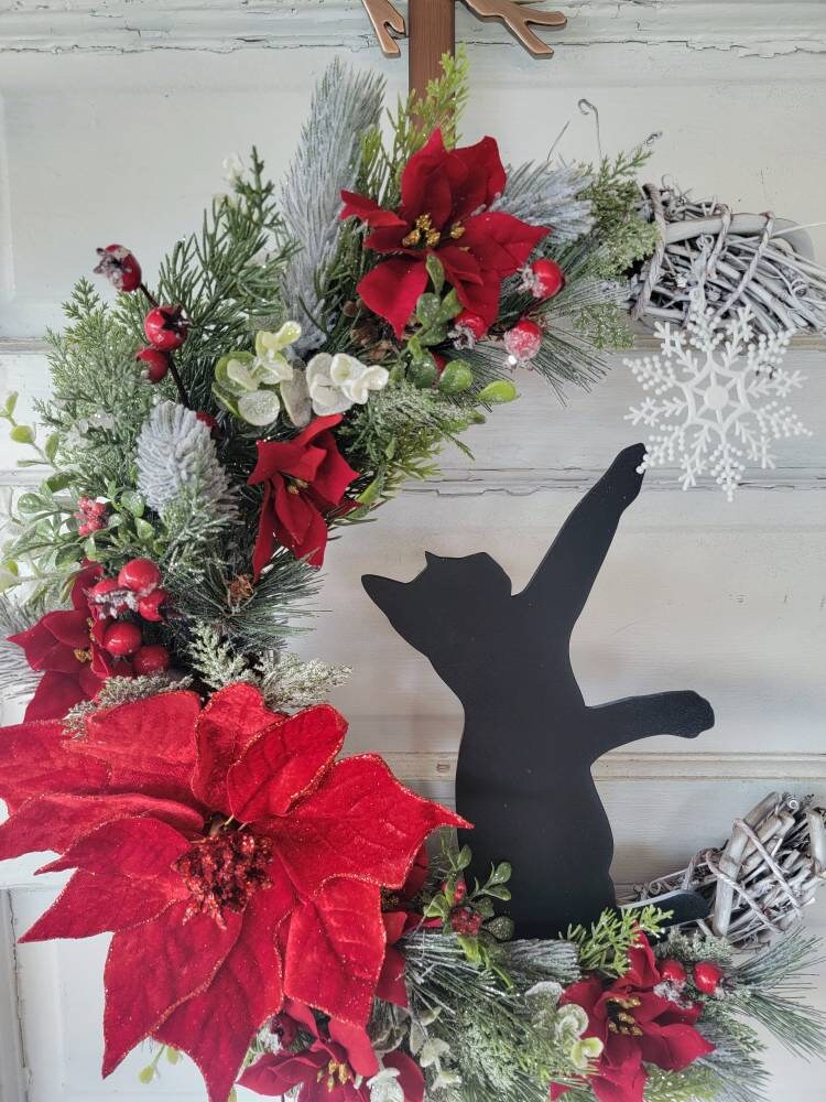 Winter Crescent Moon Black Cat Wreath