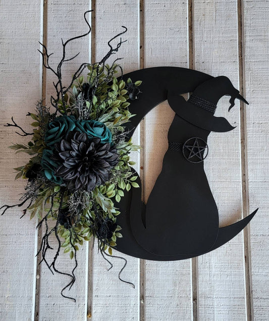Dark Green Flowers Black Cat Witch Hat Crescent Moon Wreath