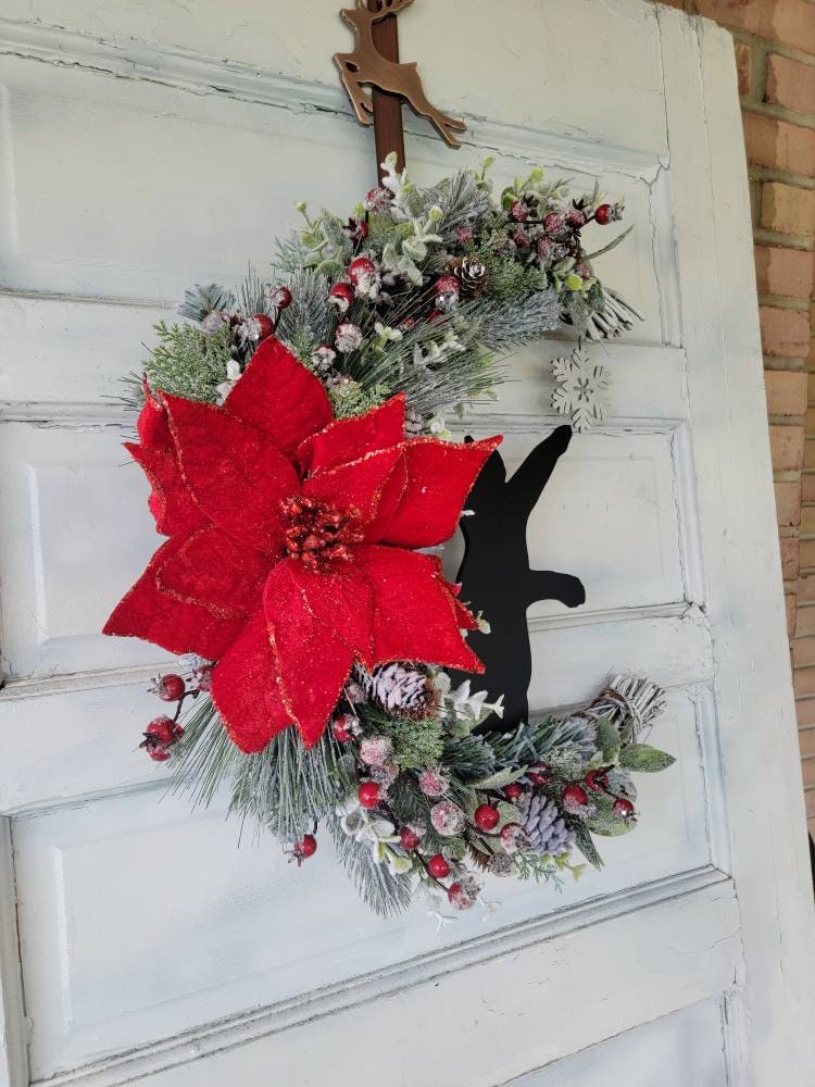 Winter Poinsettia Crescent Moon Black Cat Wreath