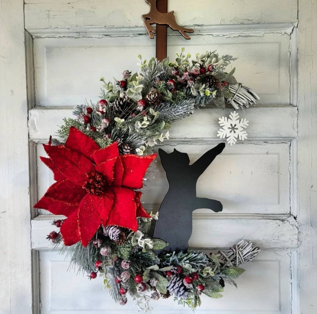 Winter Poinsettia Crescent Moon Black Cat Wreath