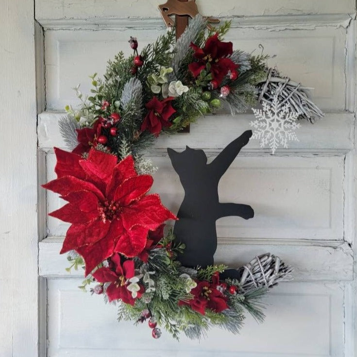 Winter Crescent Moon Black Cat Wreath