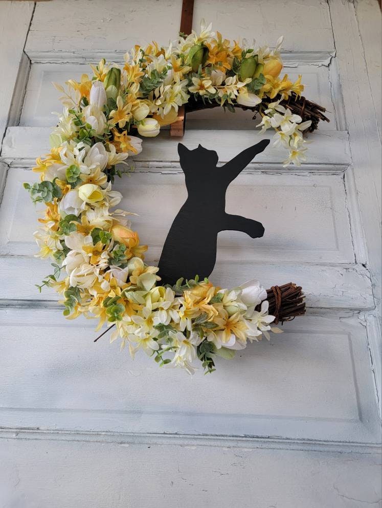 Spring Yellow Tulip Crescent Moon Black Cat Wreath