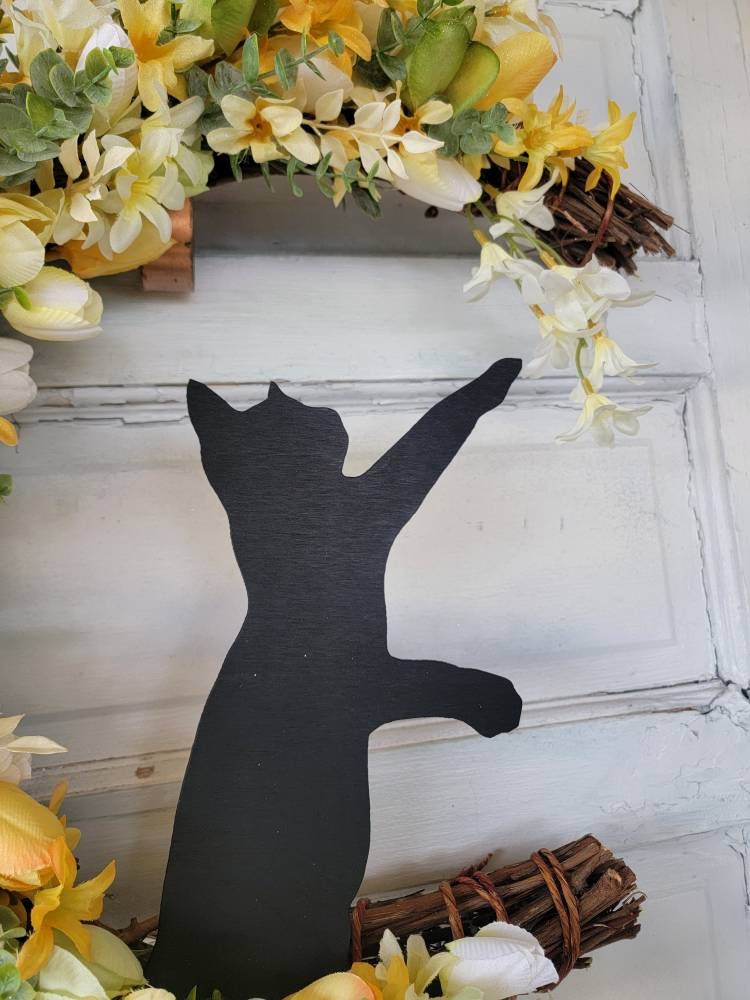Spring Yellow Tulip Crescent Moon Black Cat Wreath