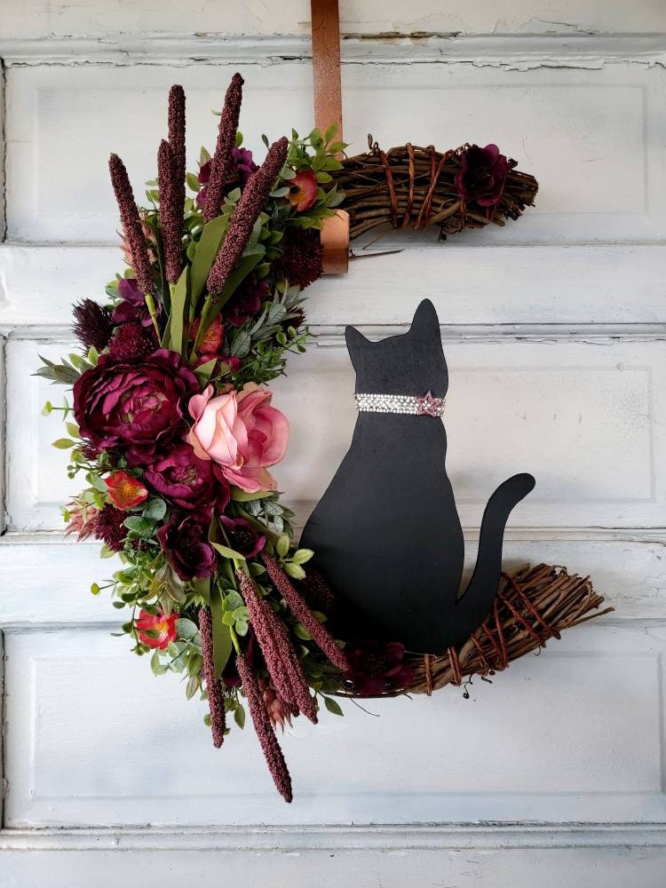 Mauve Flowers Black Cat Crescent Moon