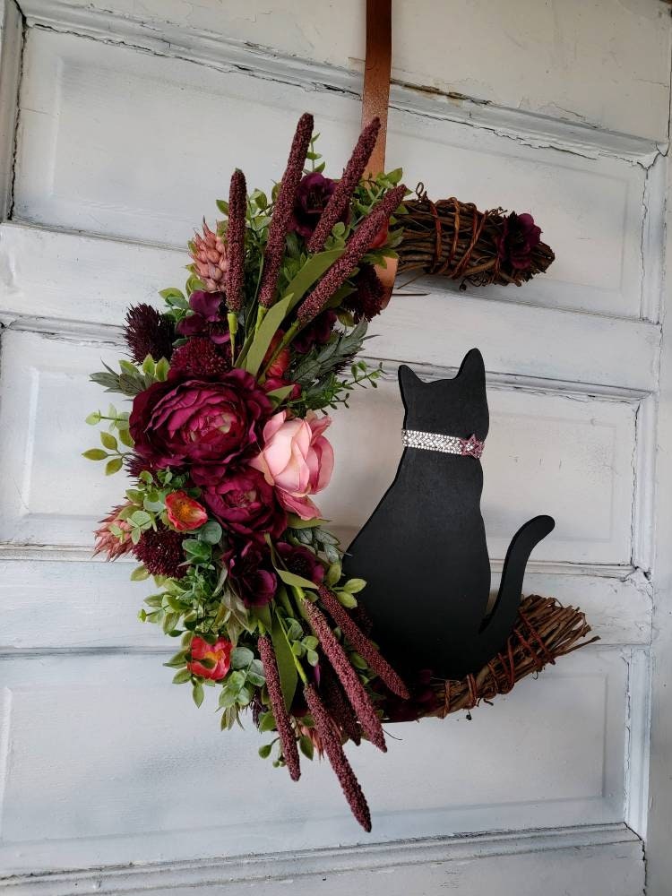 Mauve Flowers Black Cat Crescent Moon