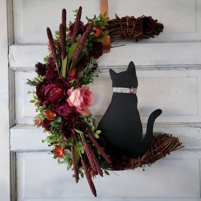 Mauve Flowers Black Cat Crescent Moon