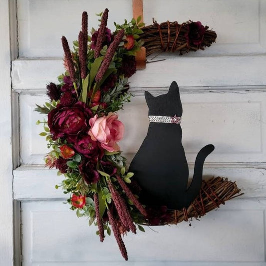 Mauve Flowers Black Cat Crescent Moon