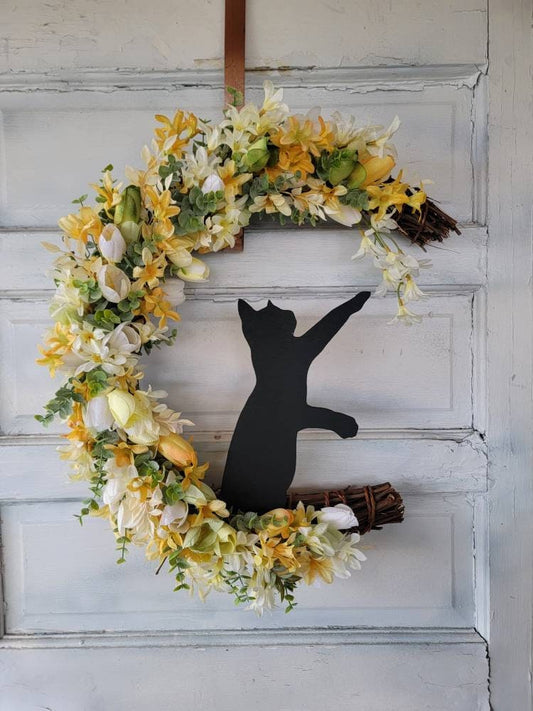Spring Yellow Tulip Crescent Moon Black Cat Wreath