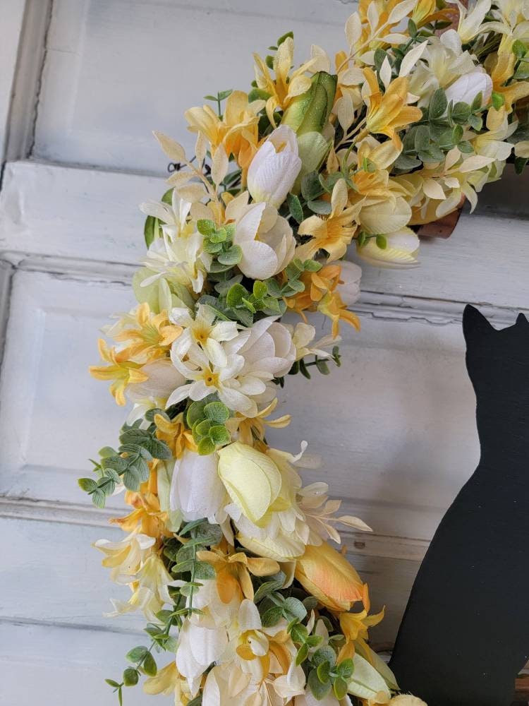 Spring Yellow Tulip Crescent Moon Black Cat Wreath