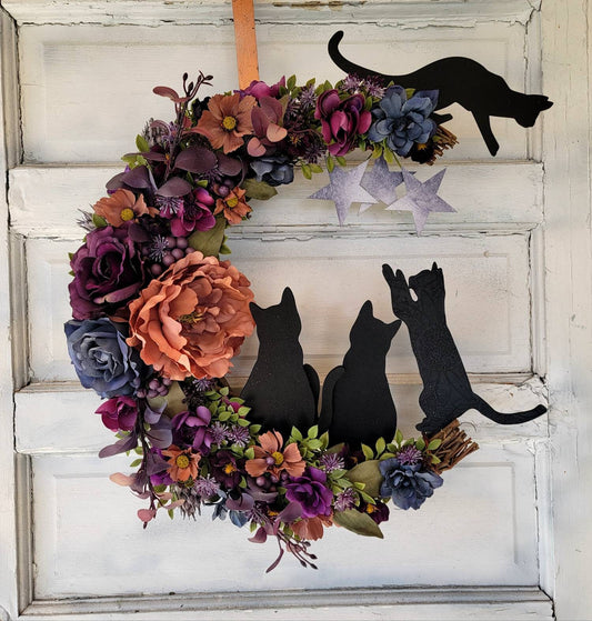 Purple Witchy Wildflower Multiple Cats Crescent Moon Wreath