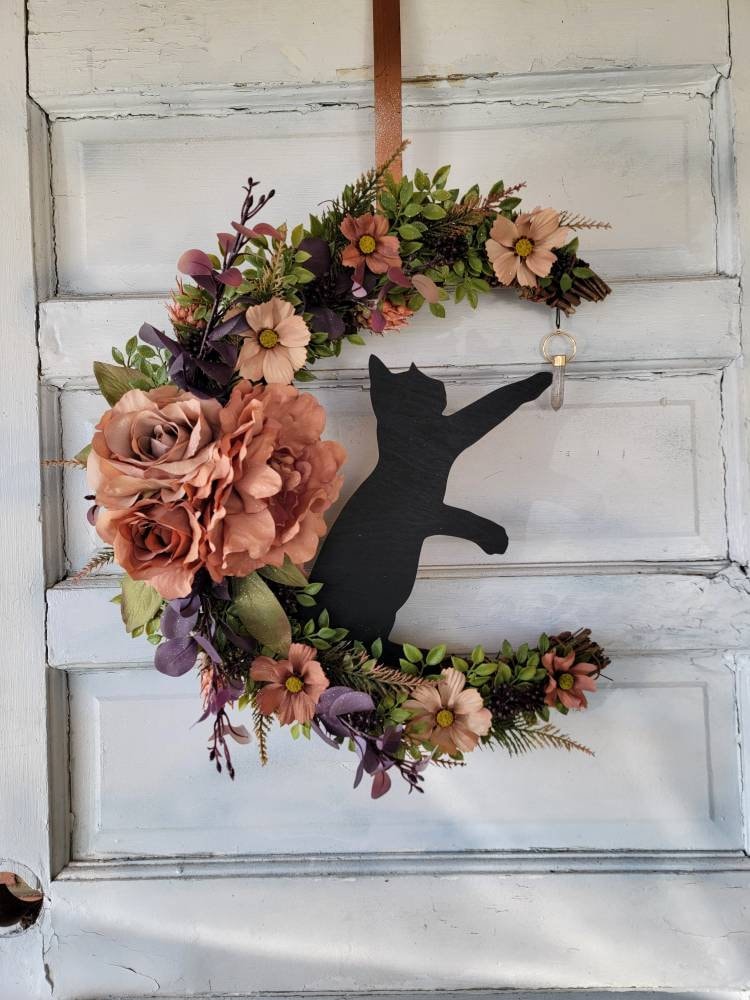 Witchy Crystal Wildflower Cat Crescent Moon Front Door Wreath • Bohemian Botanical Celestial Hanger • Cottagecore Decor • Cat Lovers Gift