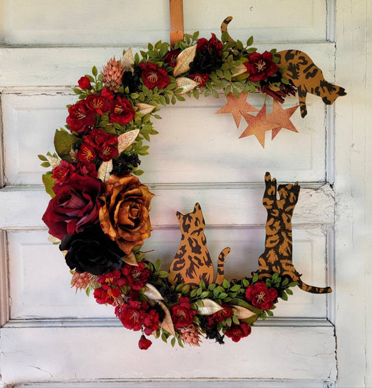 Red, Gold & Black Witchy Wildflower Multiple Bengal Cats Crescent Moon Wreath